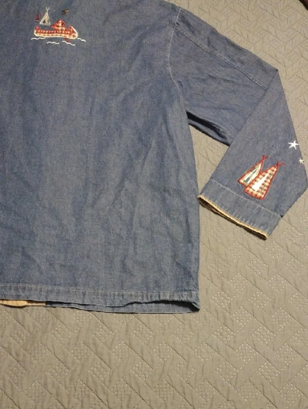 Vintage Teddi Blue Denim Jacket with Tan Corduroy Collar and Red Stitching - Picture 13 of 14